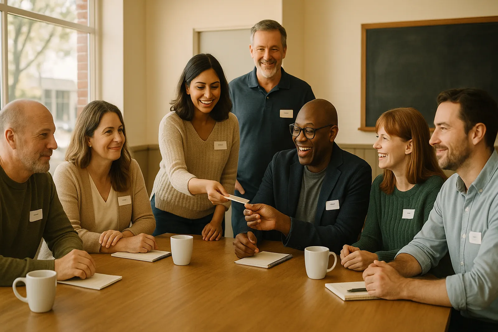 Members of a weekly business referral group talking around a table over coffee